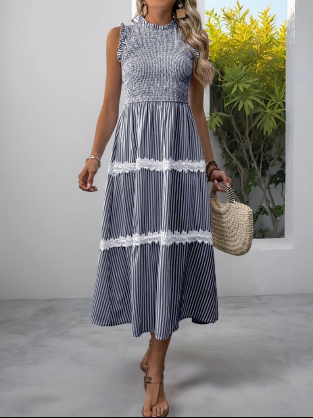 112. ANNA KACI Smocked Ruffle-Strap Striped Midi Dress with Lace